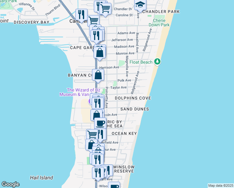 map of restaurants, bars, coffee shops, grocery stores, and more near 298 Fillmore Avenue in Cape Canaveral