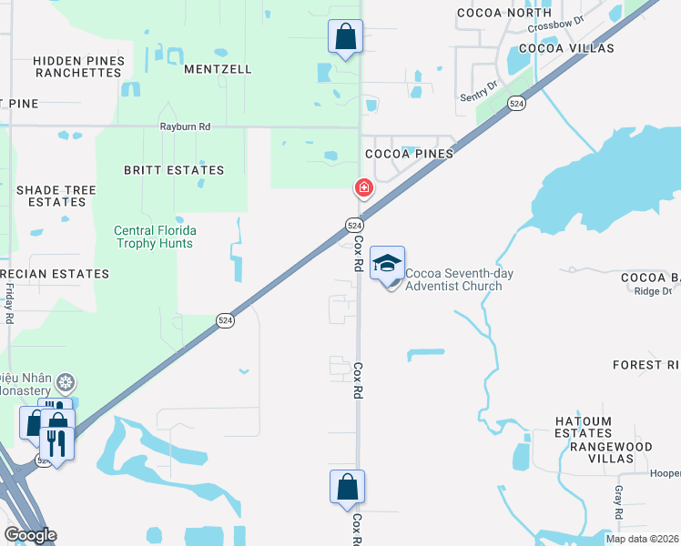 map of restaurants, bars, coffee shops, grocery stores, and more near 1515 Cox Road in Cocoa