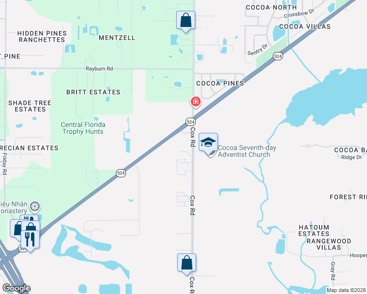 map of restaurants, bars, coffee shops, grocery stores, and more near 1515 Cox Road in Cocoa