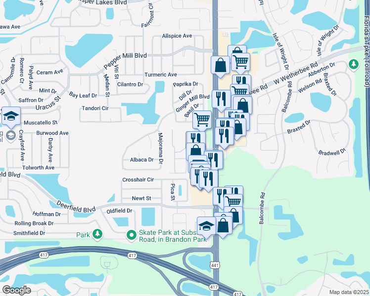 map of restaurants, bars, coffee shops, grocery stores, and more near 12550 South Orange Blossom Trail in Orlando