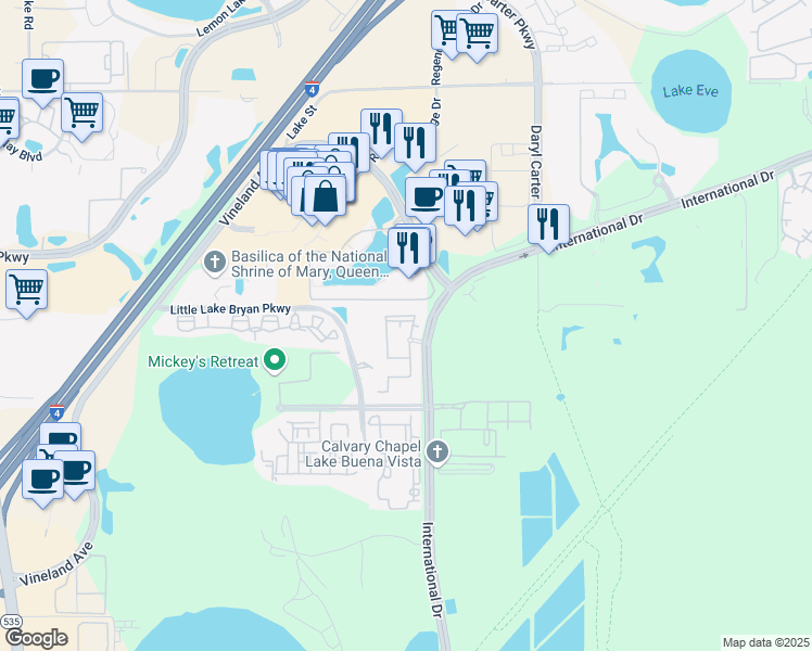 map of restaurants, bars, coffee shops, grocery stores, and more near 12807 Madison Pointe Circle in Orlando