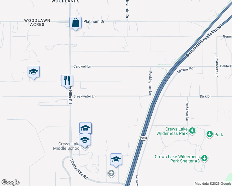 map of restaurants, bars, coffee shops, grocery stores, and more near 16347 Breakwater Lane in Spring Hill