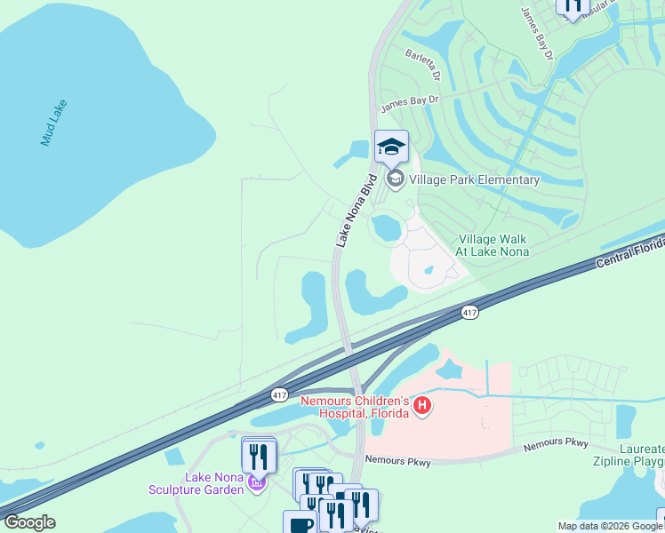 map of restaurants, bars, coffee shops, grocery stores, and more near Lake Nona Boulevard in Orlando