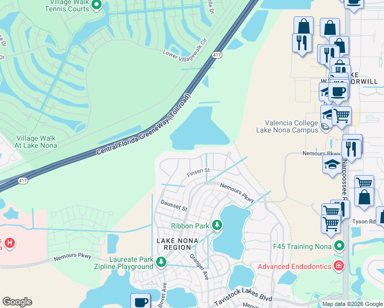map of restaurants, bars, coffee shops, grocery stores, and more near 12431 Upper Harden Avenue in Orlando