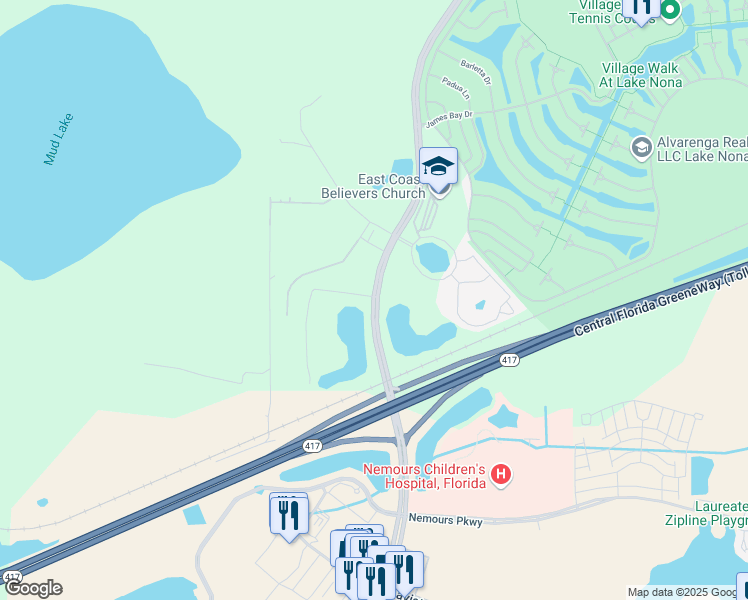 map of restaurants, bars, coffee shops, grocery stores, and more near Lake Nona Boulevard in Orlando
