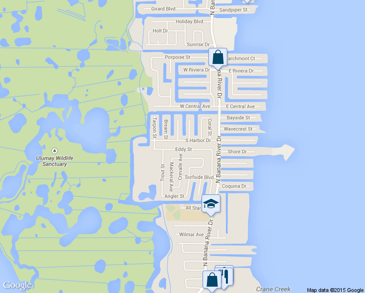 map of restaurants, bars, coffee shops, grocery stores, and more near 1470 Eddy Street in Merritt Island