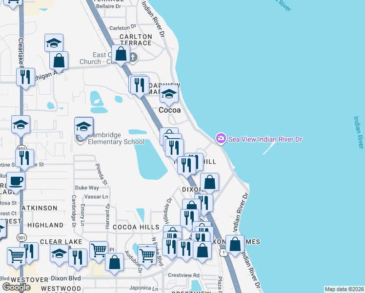 map of restaurants, bars, coffee shops, grocery stores, and more near 118 North Indian Circle in Cocoa
