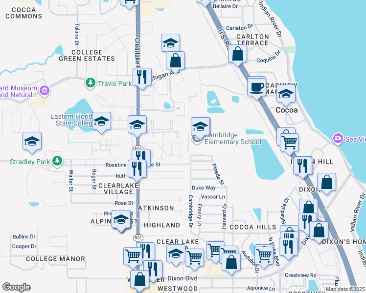 map of restaurants, bars, coffee shops, grocery stores, and more near 1514 Clearlake Road in Cocoa
