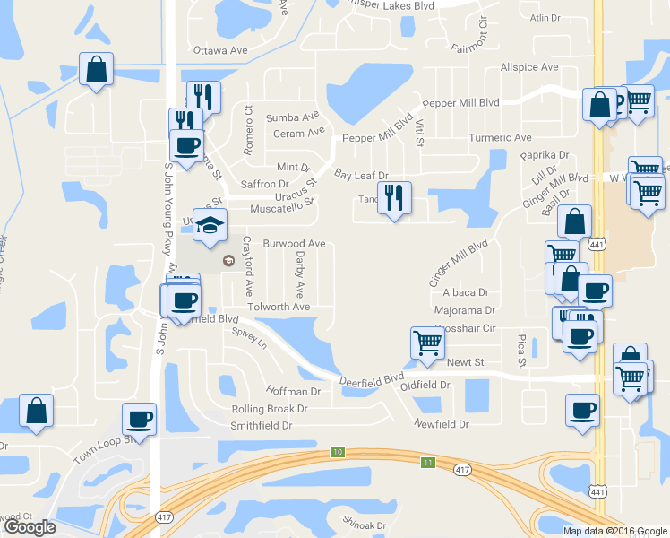 map of restaurants, bars, coffee shops, grocery stores, and more near 9916 Sweepstakes Lane in Orlando