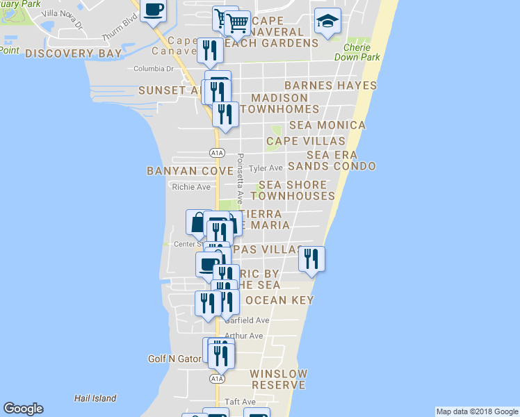 map of restaurants, bars, coffee shops, grocery stores, and more near 301 Fillmore Avenue in Cape Canaveral