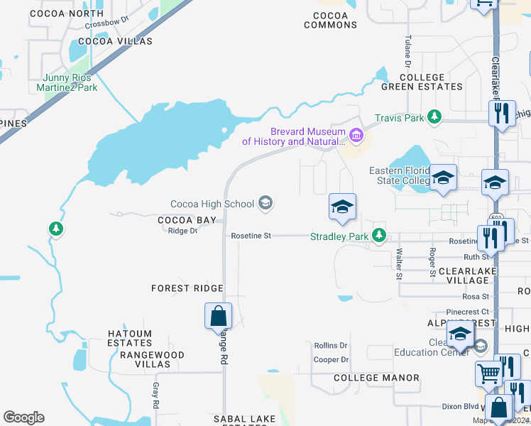 map of restaurants, bars, coffee shops, grocery stores, and more near 2000 Tiger Trail in Cocoa