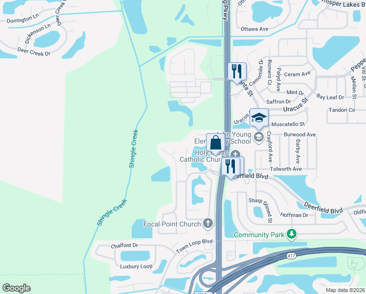 map of restaurants, bars, coffee shops, grocery stores, and more near 12524 Lynchburg Court in Orlando