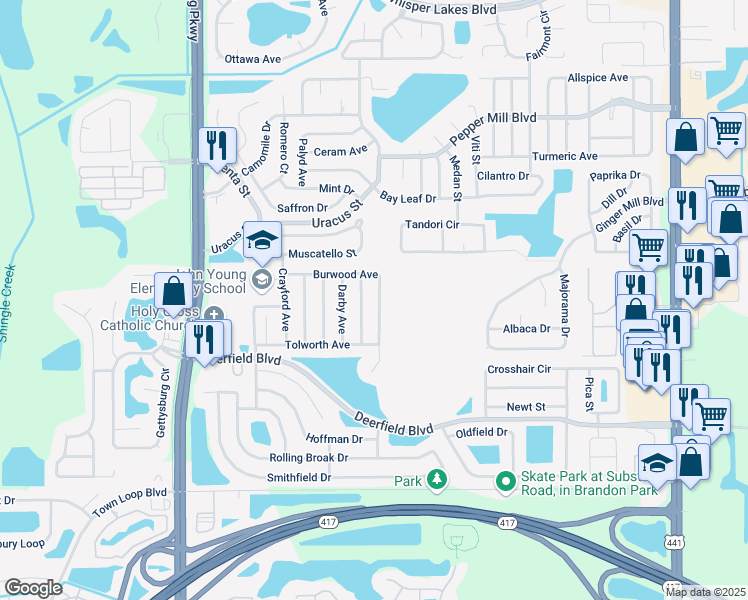map of restaurants, bars, coffee shops, grocery stores, and more near 2749 Burwood Avenue in Orlando