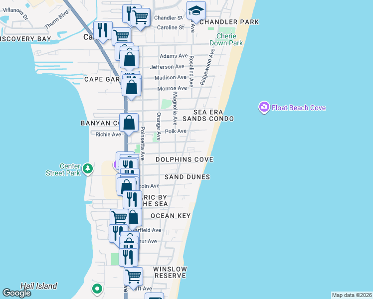 map of restaurants, bars, coffee shops, grocery stores, and more near 7201 Ridgewood Avenue in Cape Canaveral