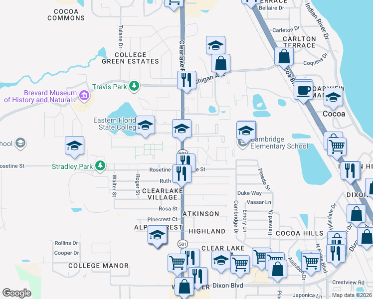 map of restaurants, bars, coffee shops, grocery stores, and more near Unnamed Road in Cocoa