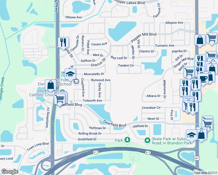 map of restaurants, bars, coffee shops, grocery stores, and more near 2749 Burwood Avenue in Orlando
