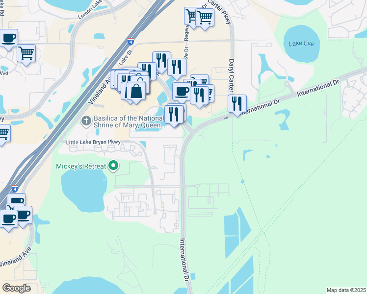 map of restaurants, bars, coffee shops, grocery stores, and more near International Drive in Orlando