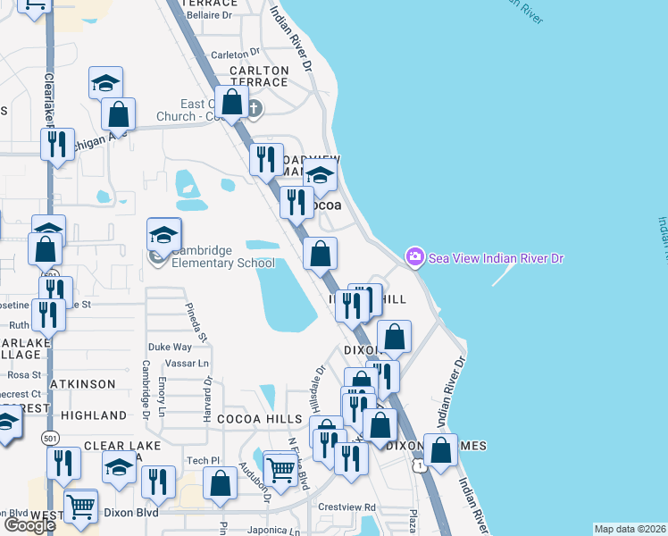 map of restaurants, bars, coffee shops, grocery stores, and more near 1521 N Cocoa Blvd in Cocoa