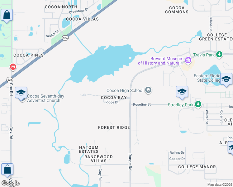 map of restaurants, bars, coffee shops, grocery stores, and more near 1605 Cocoa Bay Boulevard in Cocoa