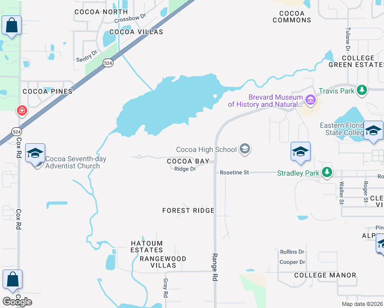map of restaurants, bars, coffee shops, grocery stores, and more near 1605 Cocoa Bay Boulevard in Cocoa