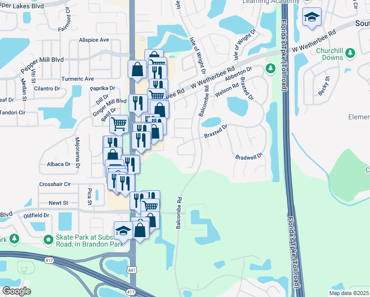 map of restaurants, bars, coffee shops, grocery stores, and more near 1817 Putney Circle in Orlando