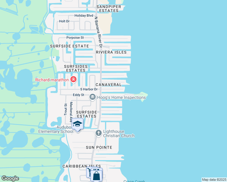 map of restaurants, bars, coffee shops, grocery stores, and more near 1656 Shore Drive in Merritt Island