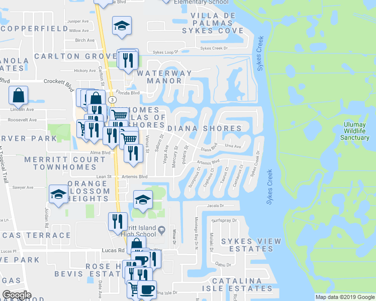 map of restaurants, bars, coffee shops, grocery stores, and more near 1520 Polaris Street in Merritt Island