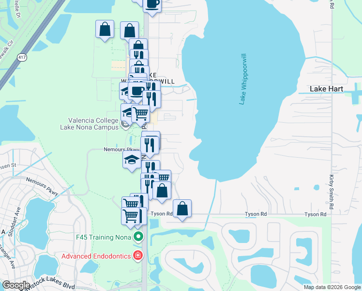 map of restaurants, bars, coffee shops, grocery stores, and more near 12615 Narcoossee Road in Orlando