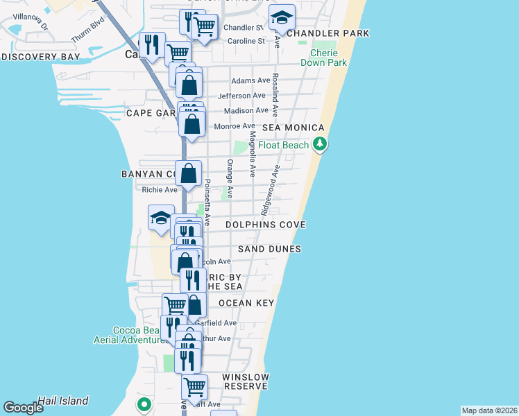 map of restaurants, bars, coffee shops, grocery stores, and more near 7201 Ridgewood Avenue in Cape Canaveral