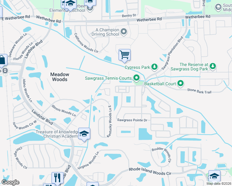 map of restaurants, bars, coffee shops, grocery stores, and more near 1124 Sawgrass Pointe Drive in Orlando