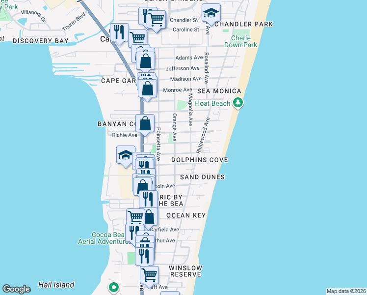 map of restaurants, bars, coffee shops, grocery stores, and more near 301 Fillmore Avenue in Cape Canaveral