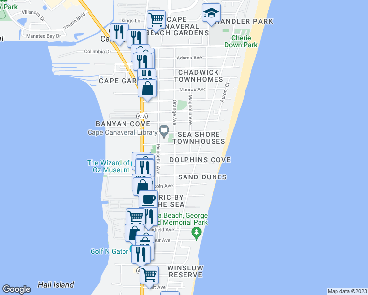 map of restaurants, bars, coffee shops, grocery stores, and more near 301 Fillmore Avenue in Cape Canaveral