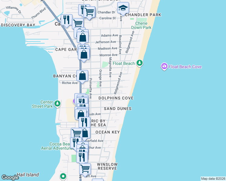 map of restaurants, bars, coffee shops, grocery stores, and more near 7201 Ridgewood Avenue in Cape Canaveral