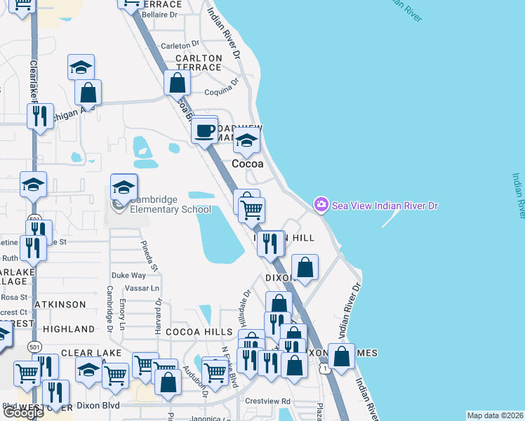 map of restaurants, bars, coffee shops, grocery stores, and more near 118 North Indian Circle in Cocoa
