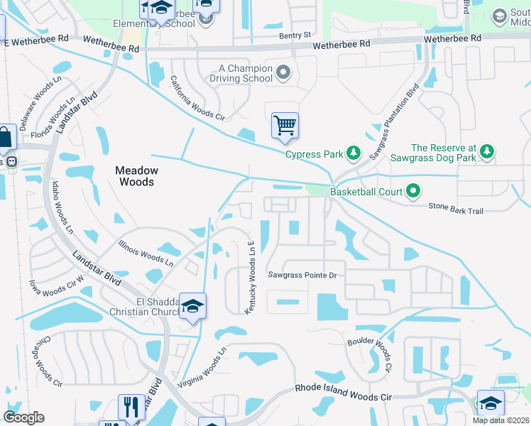 map of restaurants, bars, coffee shops, grocery stores, and more near 1124 Sawgrass Pointe Drive in Orlando
