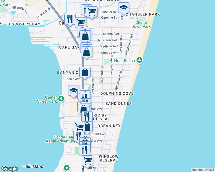 map of restaurants, bars, coffee shops, grocery stores, and more near 351 Taylor Avenue in Cape Canaveral