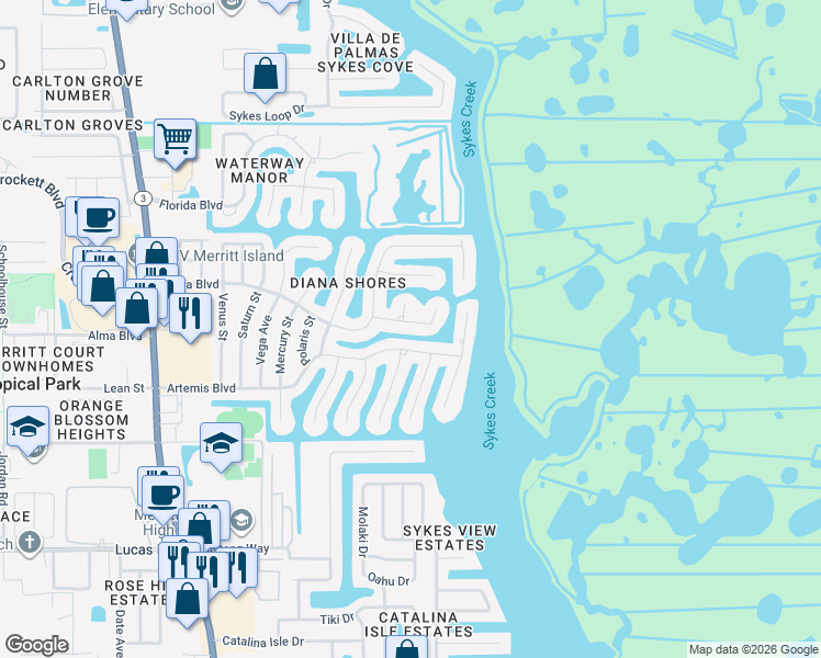 map of restaurants, bars, coffee shops, grocery stores, and more near 375 Ursa Avenue in Merritt Island