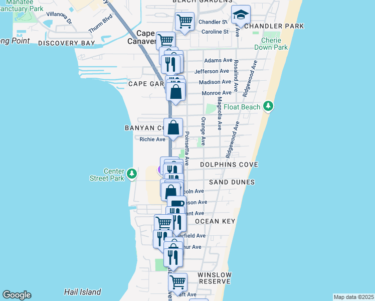 map of restaurants, bars, coffee shops, grocery stores, and more near 7240 Poinsetta Avenue in Cape Canaveral