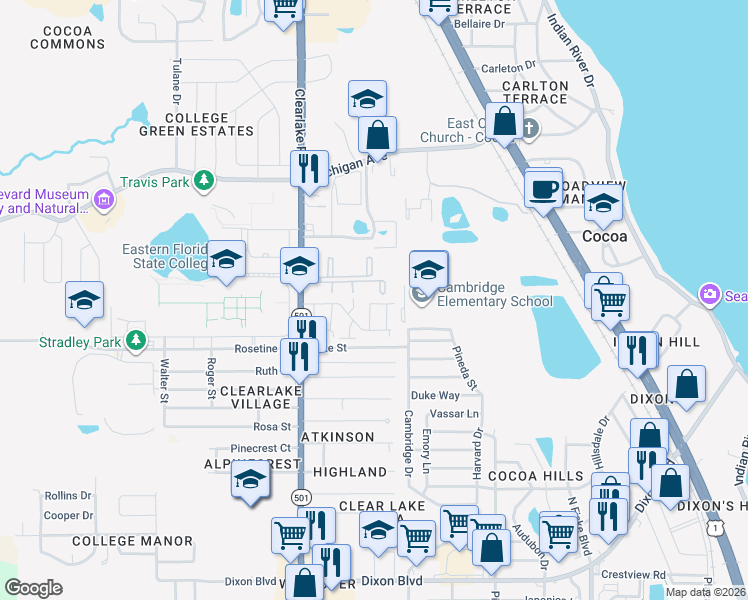 map of restaurants, bars, coffee shops, grocery stores, and more near 1514 Clearlake Road in Cocoa