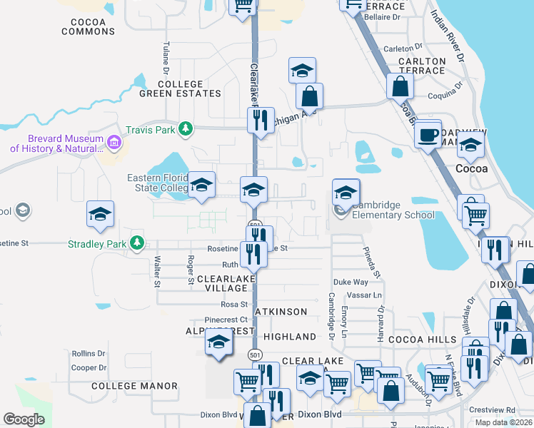 map of restaurants, bars, coffee shops, grocery stores, and more near Unnamed Road in Cocoa