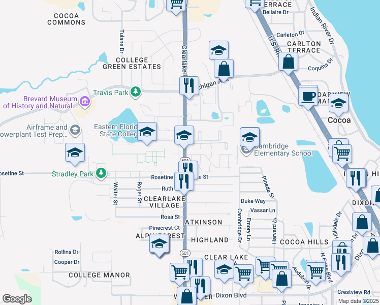 map of restaurants, bars, coffee shops, grocery stores, and more near Unnamed Road in Cocoa