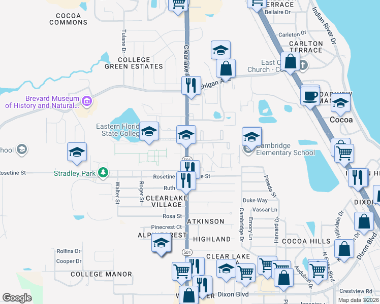 map of restaurants, bars, coffee shops, grocery stores, and more near Clearlake Road in Cocoa