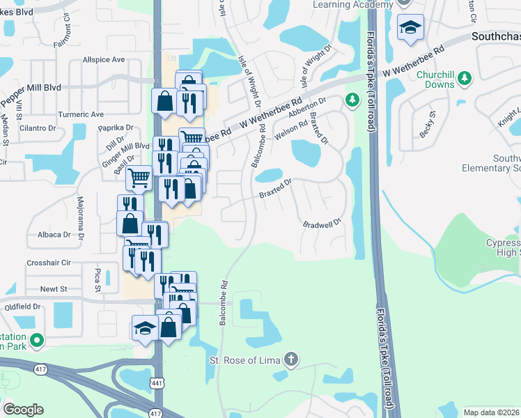 map of restaurants, bars, coffee shops, grocery stores, and more near 12601 Balcombe Road in Orlando