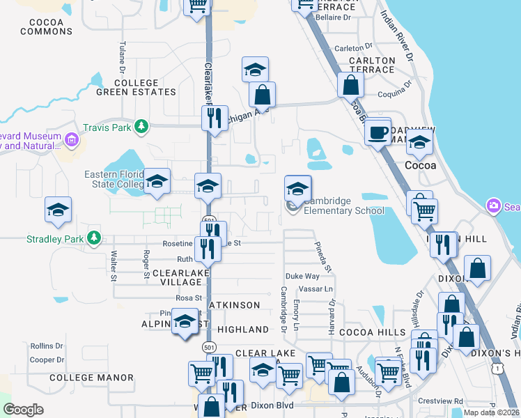 map of restaurants, bars, coffee shops, grocery stores, and more near 1514 Clearlake Road in Cocoa