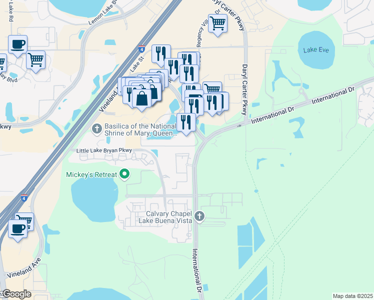 map of restaurants, bars, coffee shops, grocery stores, and more near 12825 Madison Pointe Circle in Orlando