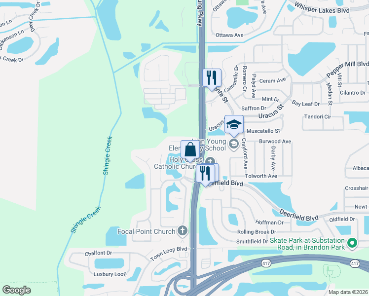 map of restaurants, bars, coffee shops, grocery stores, and more near 12421 Appomatox Drive in Orlando