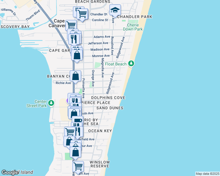 map of restaurants, bars, coffee shops, grocery stores, and more near 409 Polk Avenue in Cape Canaveral