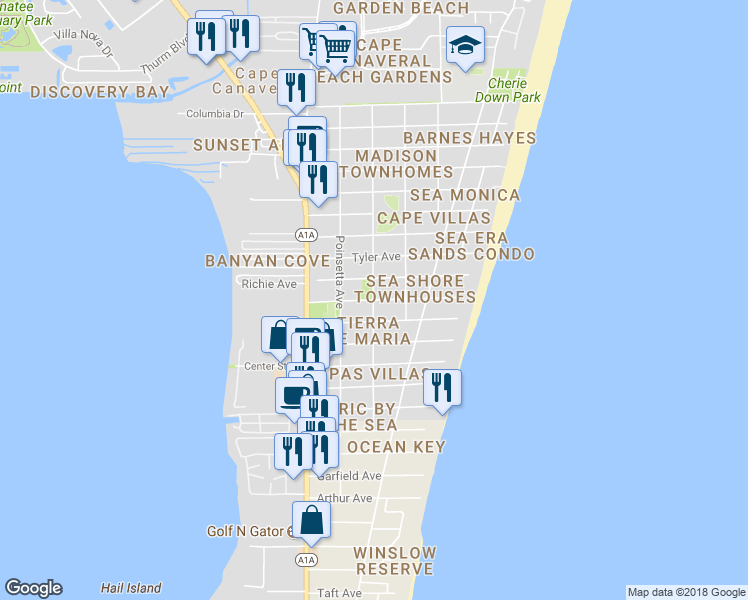 map of restaurants, bars, coffee shops, grocery stores, and more near 7398 Orange Avenue in Cape Canaveral
