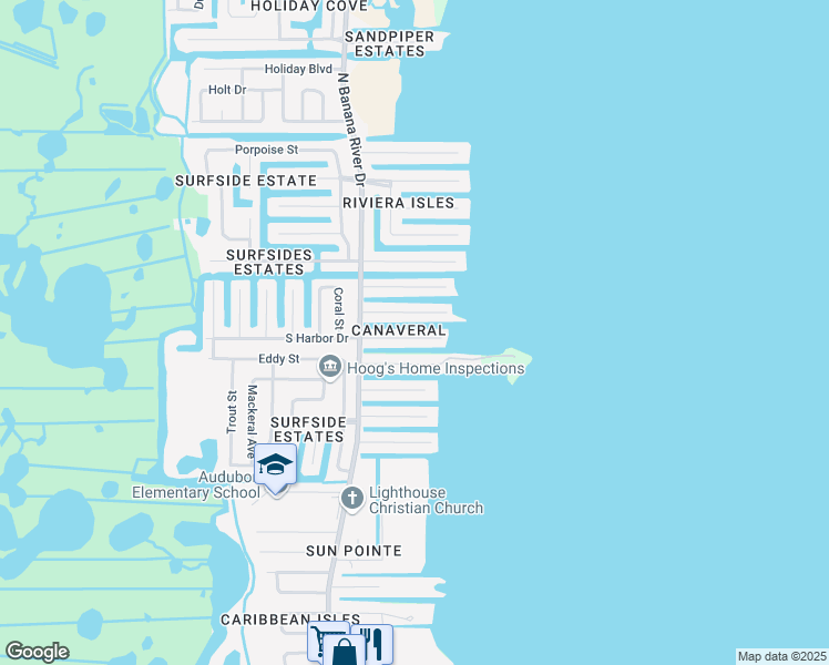 map of restaurants, bars, coffee shops, grocery stores, and more near 1708 South Harbor Drive in Merritt Island