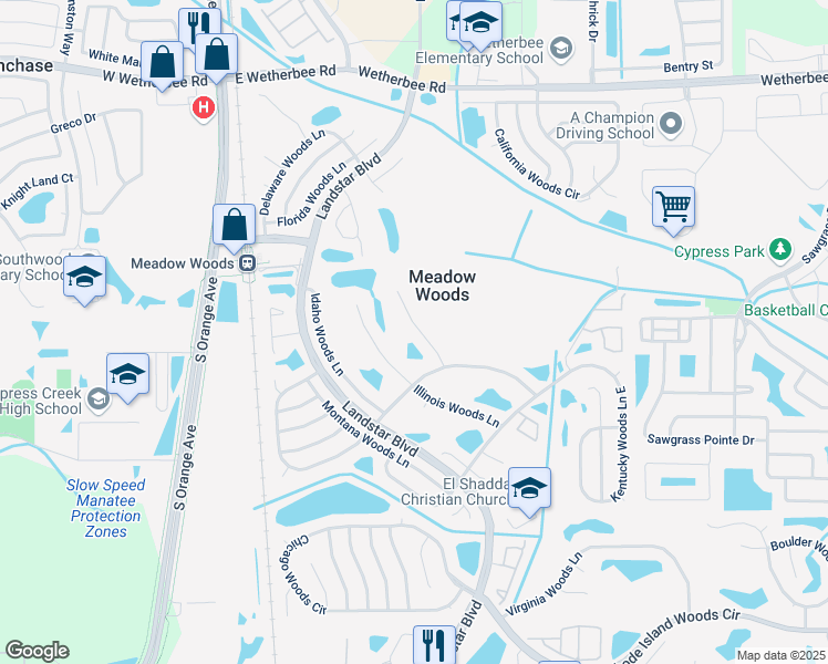 map of restaurants, bars, coffee shops, grocery stores, and more near 12608 Indiana Woods Lane in Orlando